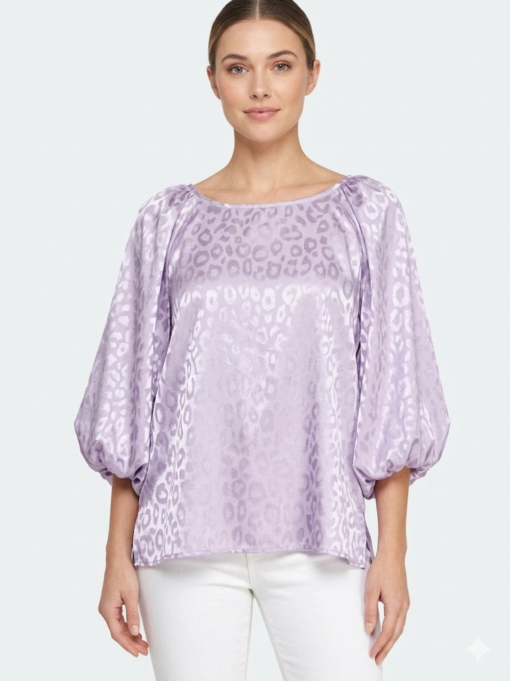 Umgee Lavender Satin Leopard Jacquard Puff Sleeve Blouse